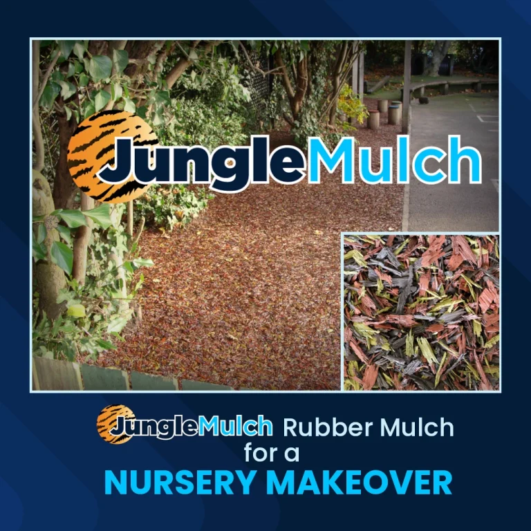 JungleMulch applied beside shrub and pathway with inset close-up of JungleMulch including JungleMulch lgo
