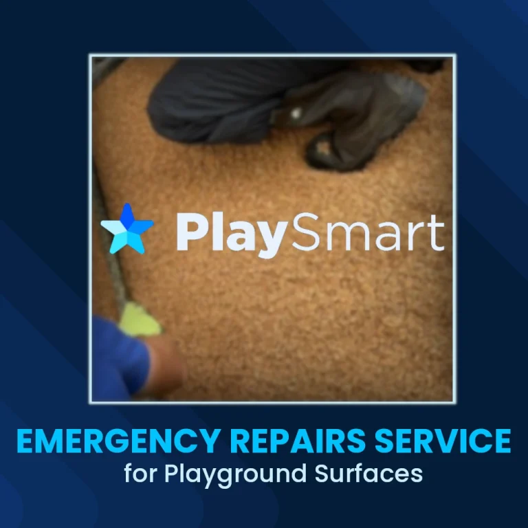 A PlaySmart installer wearing a PlaySmart branded blue shirt installs and levels a Corkeen pathway