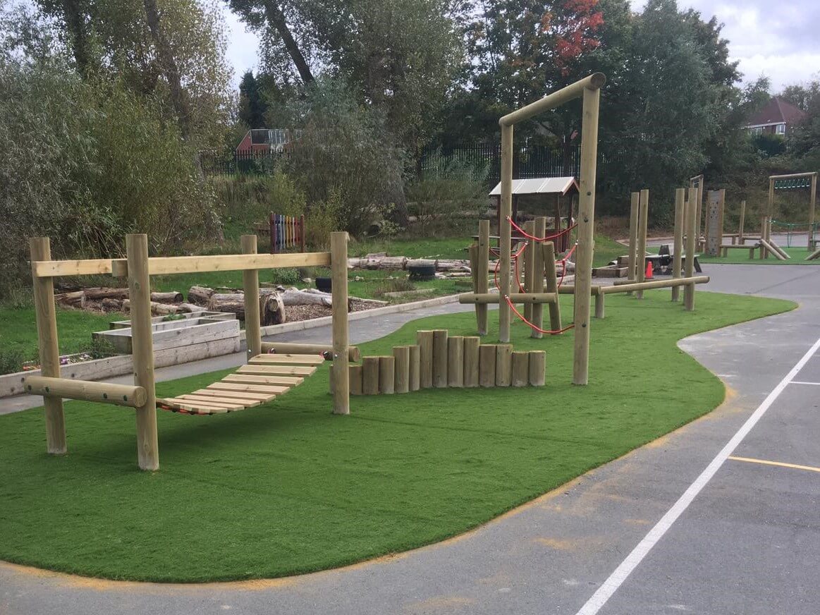 Artificial Grass underneath wooden trim trail