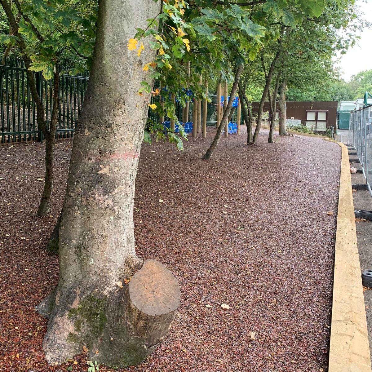 Rubber Mulch Red colour surfacing around tree trunks