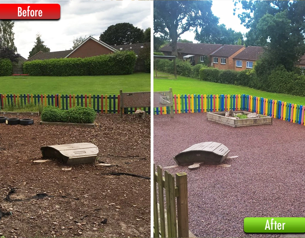 Before and After of a playground using brick red Rubber Mulch. Uneven ground and debris have been removed and a new layer of flat mulch has been placed