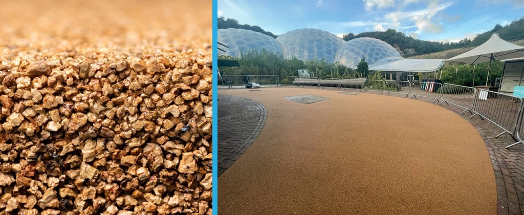 Corkeen cork surfacing, closeup, and installed at Eden Project as heavy duty sustainable pathways