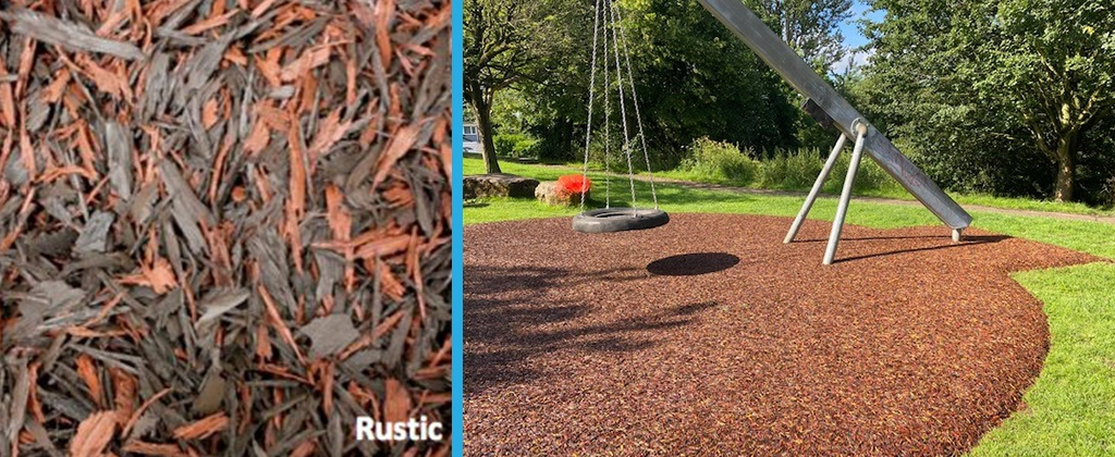 Rustic Red Jungle Mulch Rubber Mulch, closeup and installed under tyre swing as playground safety surfacing