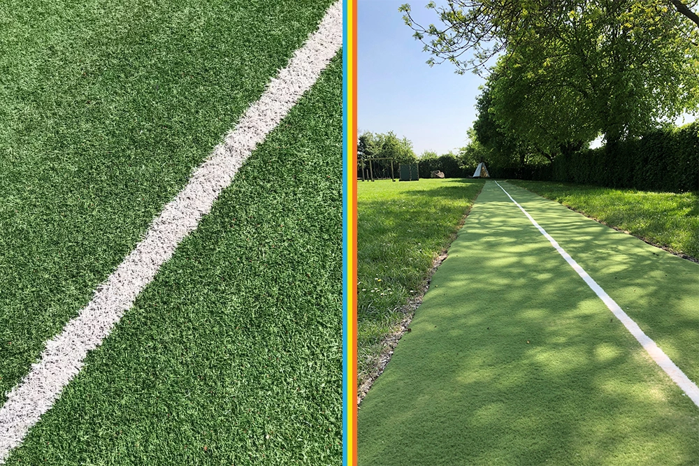 Green artificial grass with white lines