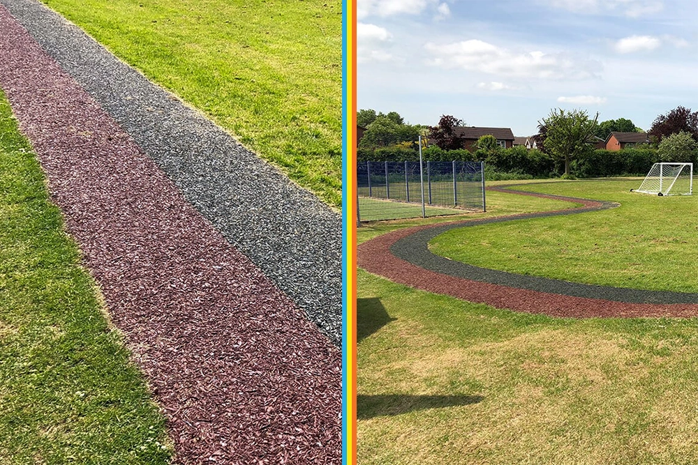 Closeup of Rubber Mulch Track and the same track from a distance. Half red and half black length-ways rubber design