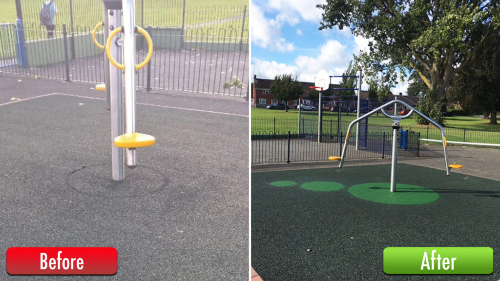 Before and after outdoor gym installation wet pour surface with green wear pads