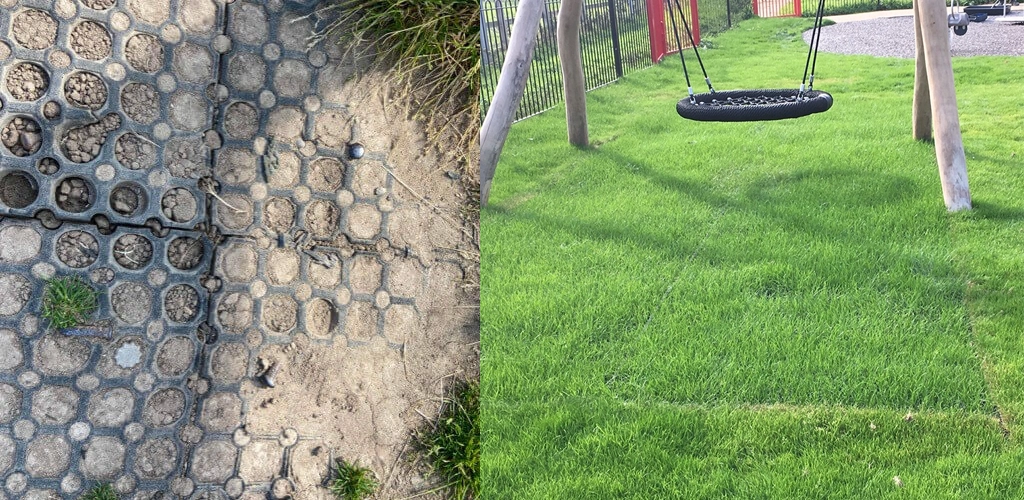 Before and After Grass mat installation. Before: worn away, burred mats. After: grass grown through the mat under a tire swing