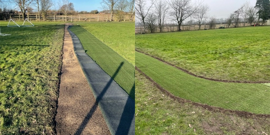 Artificial grass pathway through natural grass field