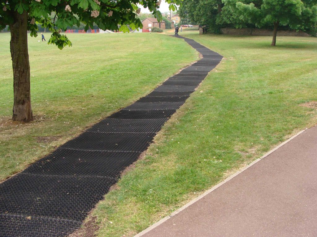 Recycled rubber being used as a pathway in Chesterton Rec, Cambridge