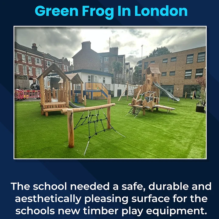 Green Frog in London, The school needed a safe, surable and aesthetically pleasign surface for the schools new timber play equipment