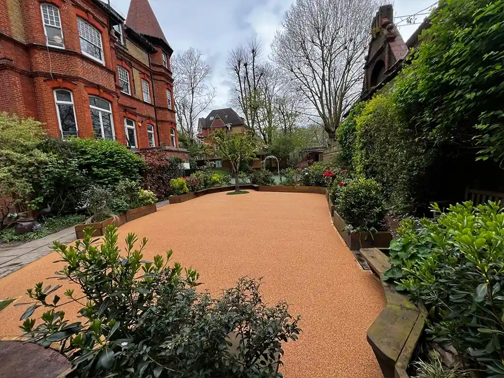A wide-angle shot of a garden surfaced with Corkeen