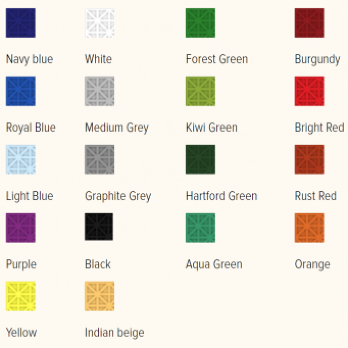 FlexCourt Colour Options: Navy Blue; White; Forest Green; Burgundy; Royal Blue; Medium Grey; Kiwi Green; Bright Red; Light Blue; Graphite Grey; Hartford Green; Rust Red; Purple; Black; Aqua Green; Orange; Yellow; Indian Beige