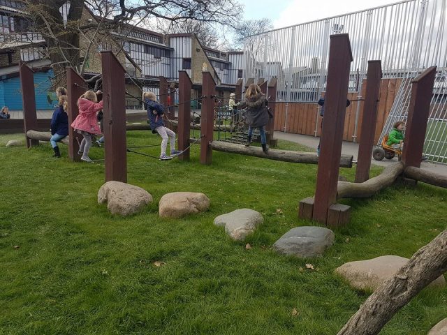 Hybrid Grass Playground underneath natural play wooden trim trail