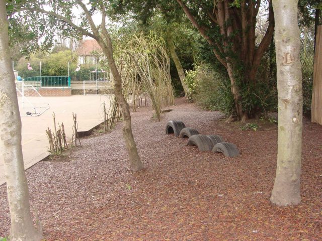 Red rubber mulch surfacing installed as a tree surround