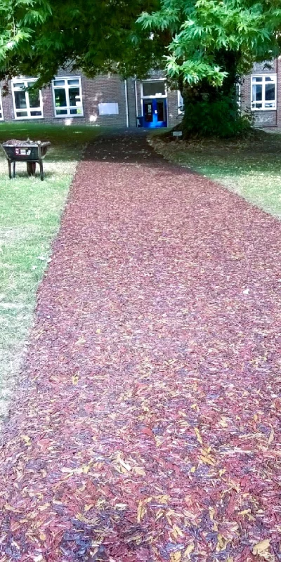 Red rubber mulch pathway at Wycombe Abbey