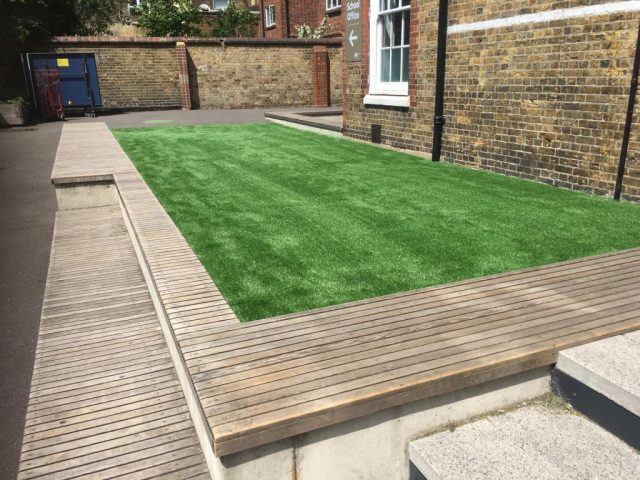 Green Frog Artificial grass installed on a patio