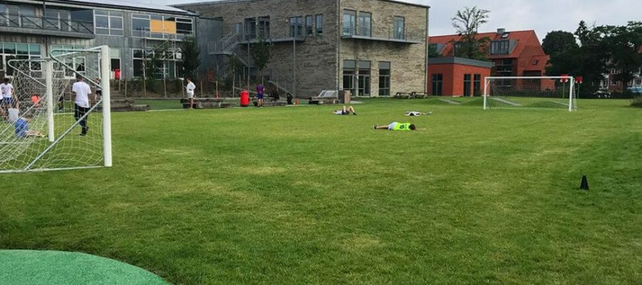 Hybrid grass football pitch in a school field