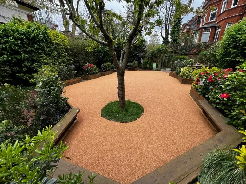 Corkeen in an open garden with a tree planted centrally surrounded by benches and planters
