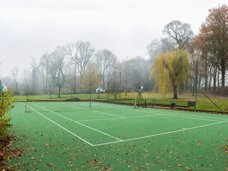 FlexCourt tennis court in fog in a large park