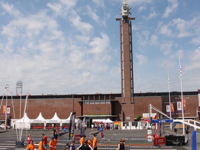 FlexCourt's modular sport surface with custom sports markings installed in a large outdoor basketball court