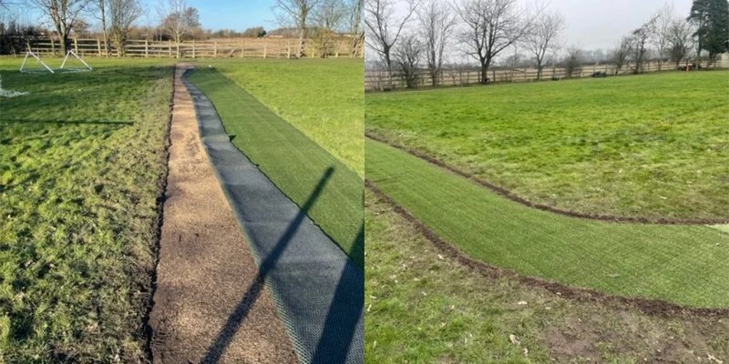 Artificial grass pathway through natural grass field