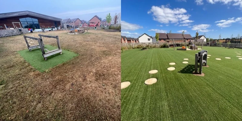 Before and After Council Park Hybrid Grass. Patchy brown park replaced with neat hybrid grass rolls in vibrant dark green