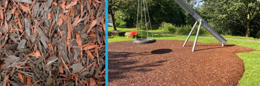 Rustic Red Jungle Mulch Rubber Mulch, closeup and installed under tyre swing as playground safety surfacing