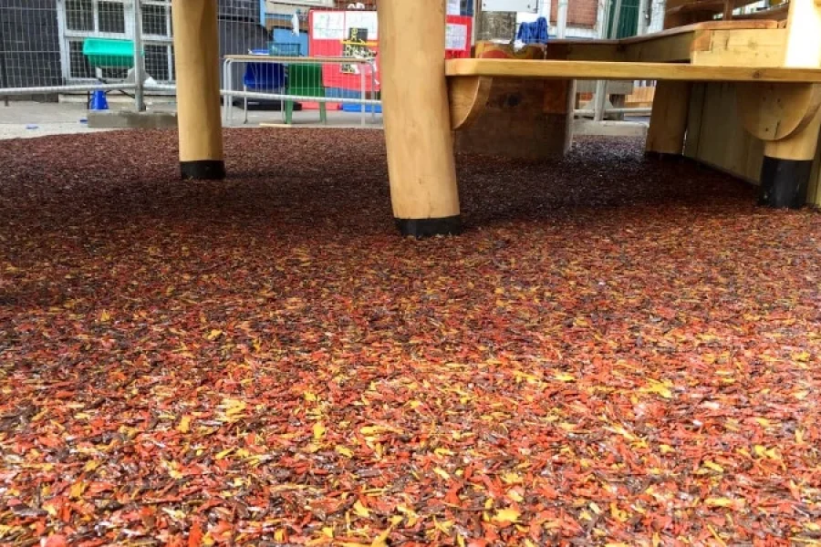 PlaySmart’s Jungle Mulch bonded rubber mulch outdoor play surfacing solution in Autumnal shades of red, yellow, orange and brown.