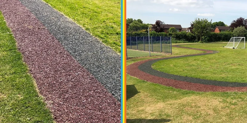 Closeup of Rubber Mulch Track and the same track from a distance. Half red and half black length-ways rubber design